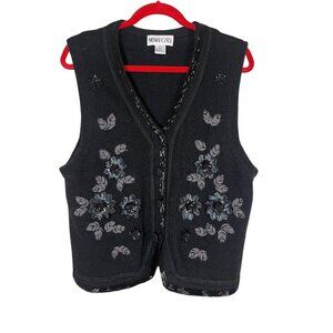 Retro Floral Sweater Vest L Black Beaded Sequin Classic Chic Preppy Old Money